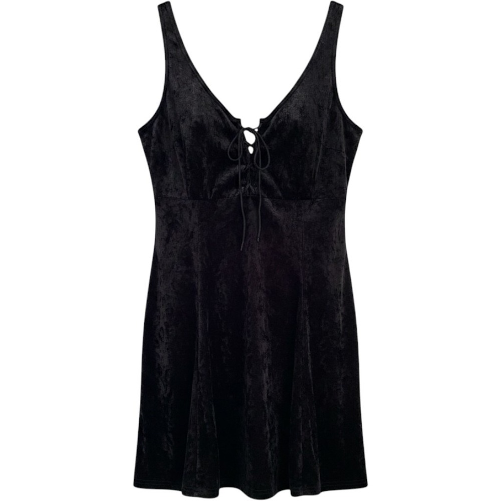 Vintage AMP Black Crushed Velvet Lace Up Mini Witchy Dress 90s Goth USA Size 9
